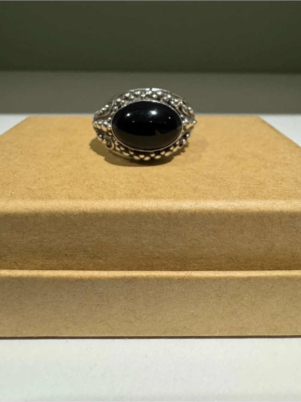 Vintage Balinese Black Onyx Cabochon Sterling Silver Ring